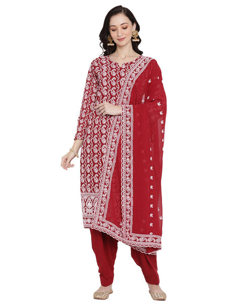 Queenley Women Red Georgette Straight Knee Length Kurta Sets With Salwar and Dupatta