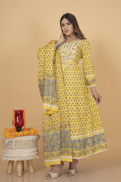Queenley  Women's Yellow Cotton Ankle Length Anarkali Kurta Set