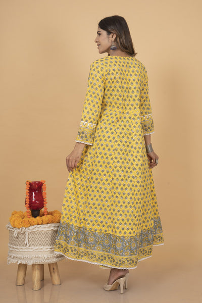 Queenley  Women's Yellow Cotton Ankle Length Anarkali Kurta Set