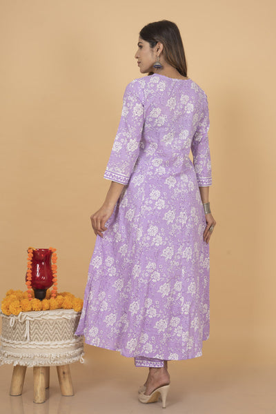 Queenley  Women's Purple Cotton Ankle Length Anarkali Kurta Set