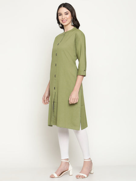Queenley Women's Green Cotton Straight Knee Length Kurti