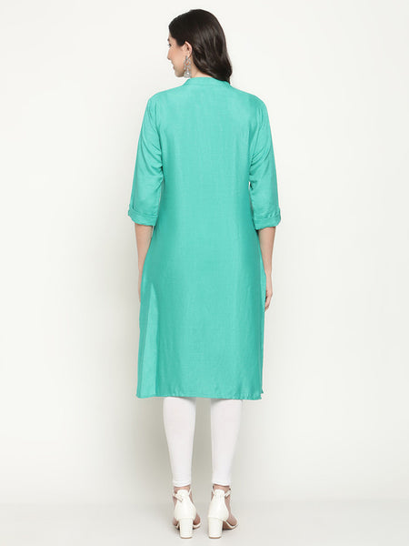 Queenley Women's Sea-Green Cotton Straight Knee Length Kurti