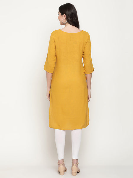 Queenley Women's Yellow Cotton Straight Knee Length Kurti