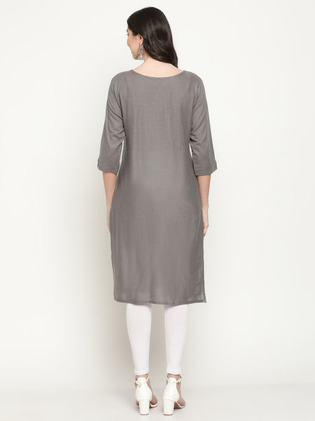 Queenley Women's Grey Cotton Straight Knee Length Kurti