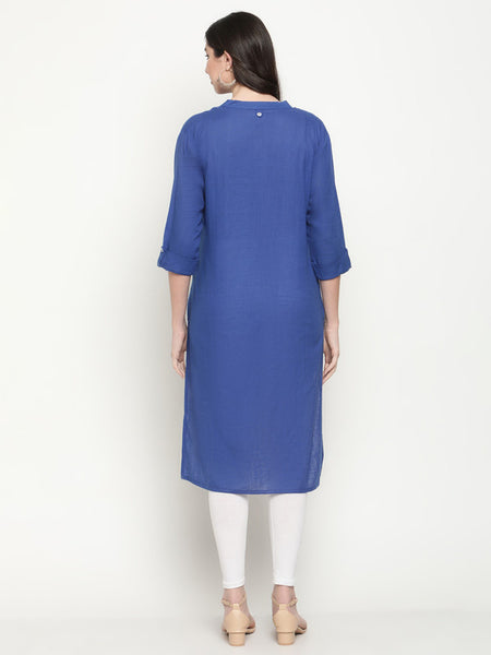 Queenley Women's Blue Cotton Straight Knee Length Kurti